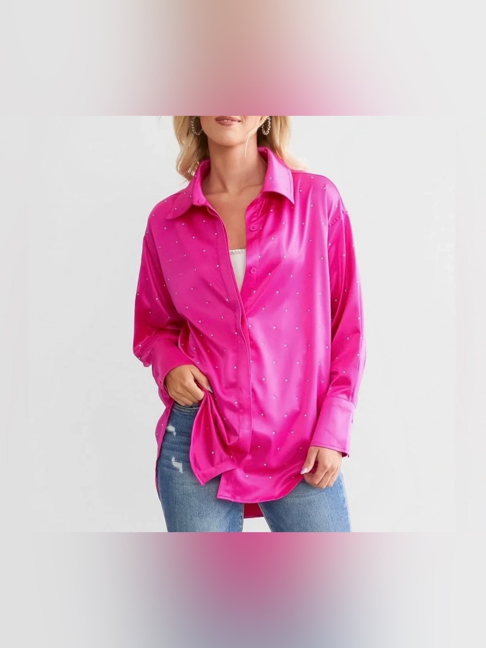 Blue B. Collection Woman Pink Satin Effect Shirt Rhinestone Long Sleeve Size S